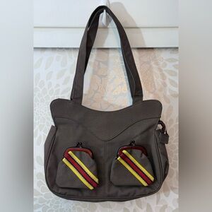 Vintage 70s Retro Boho Brown Stripe Canvas Coin Snap Pockets Shoulder Bag Purse